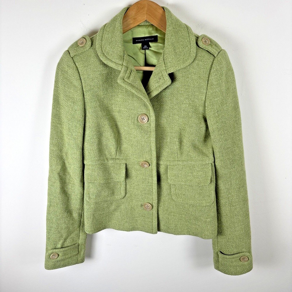Banana Republic Wool Blazer‎ Jacket Womens Sz XS Green Career Business Pea Coat